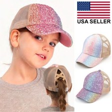 C.C Kids Children Girl Crystal Ombre Ponytail Messy Bun Tucker Baseball Cap Hat