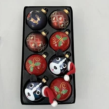 Winter Wonder Lane Set - 8 Round Red Glass Ornaments Bear Reindeer Trees & Holly