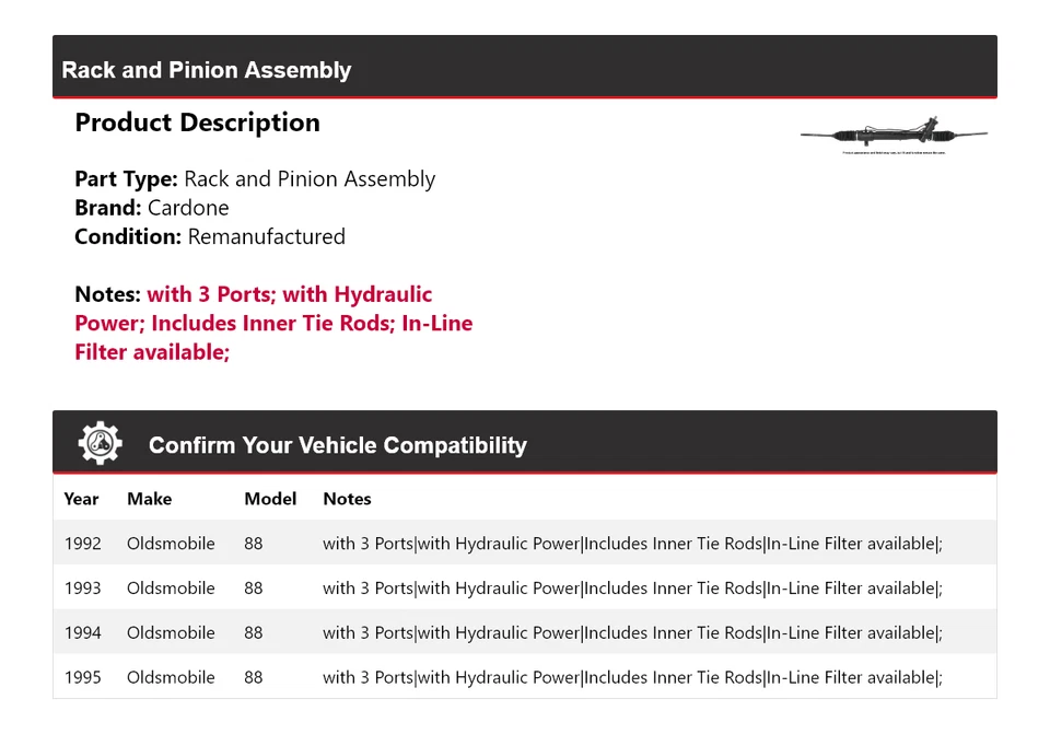Para 1992-1995 Oldsmobile 88 conjunto de rack e pinhão Cardone 1993 1994 - Imagem 2 de 4