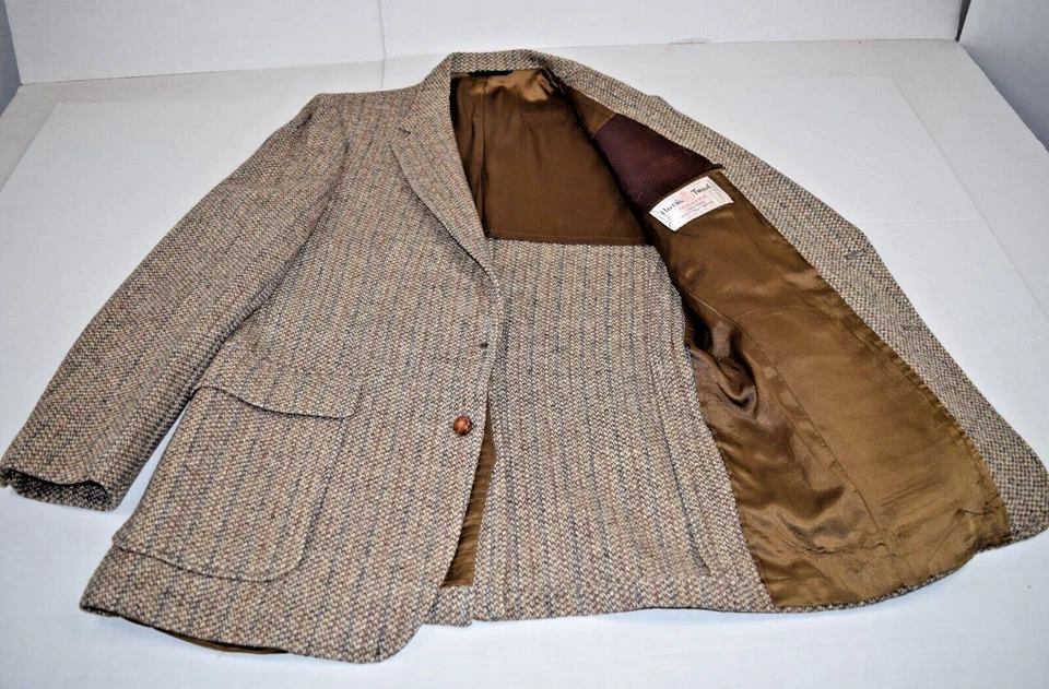 Abrigo Deportivo Harris Tweed Vintage Talla 40 Años 70 Paja Beige Azul Tejido Hecho en EE. UU. Foto 2 de 4