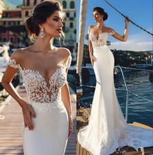 Beach Mermaid Wedding Dresses Off Shoulder Lace Satin Sweep Train Bridal Gowns