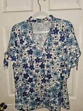 Amazing Flower Floral Blue Women's Tail Shirt XXL Pickleball Tennis Mint!