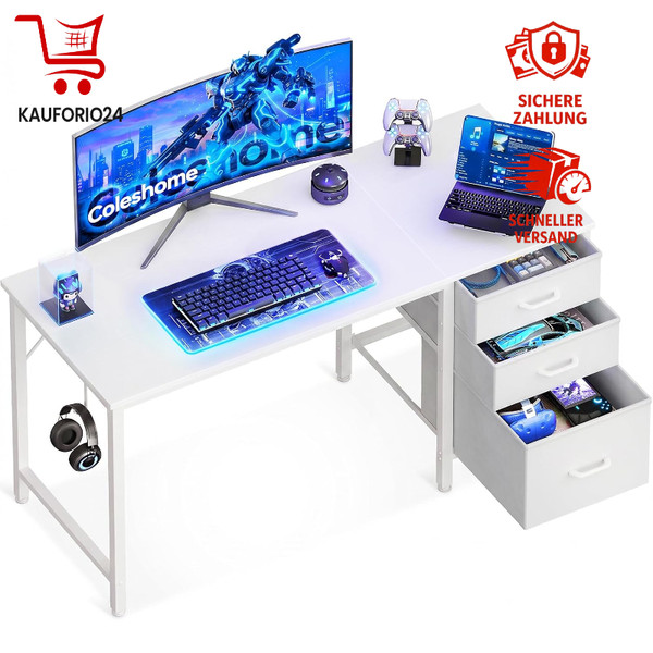 Schreibtisch 120X48Cm Mit 3 Stoff Schubladen Und KopfhöRer Halter Weiß BüRotisch-image
