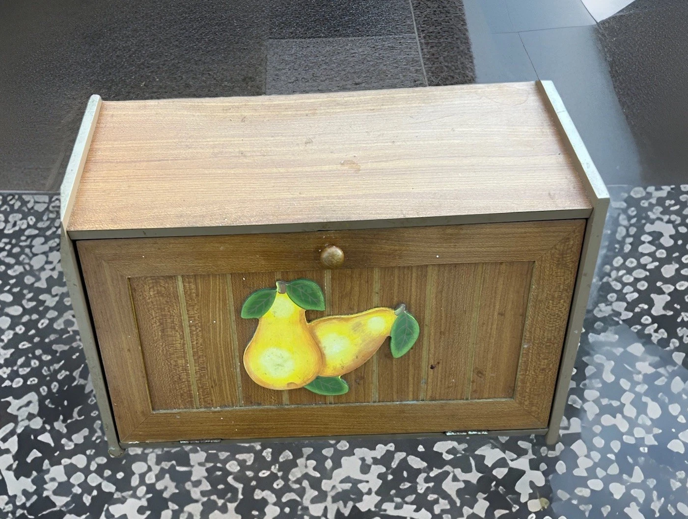 VTG Wood Bread Box Pear Drop Down Front Lid Med Brown Cottage Country
