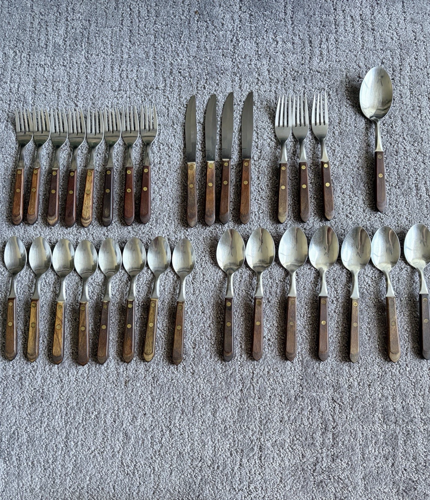 Vintage TOWN & COUNTRY Flatware Set 31 pc Washington Forge Stainless Walnut Wood