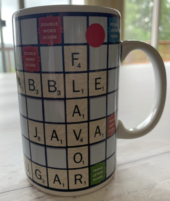 Official Scrabble Coffee Tea Mug  2007 Hasbro Coffee  Words - Mocha, Java, etc