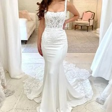 Lace Mermaid Wedding Dresses Square Collar Satin Appliques Court Train Bridal