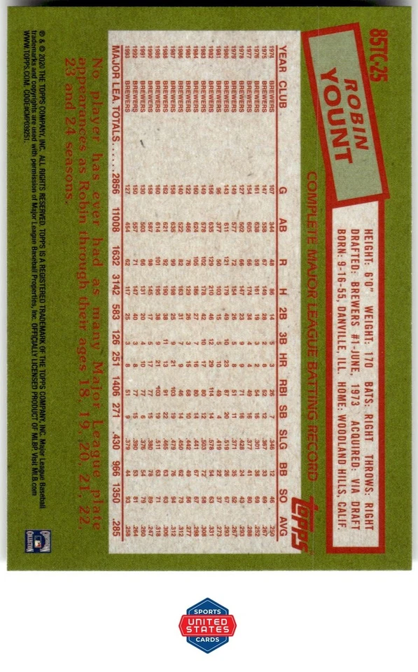 2020 Topps #85TC-25 Robin Yount 1985 Topps Chrome Silver Pack Promotion - Image 2 of 2