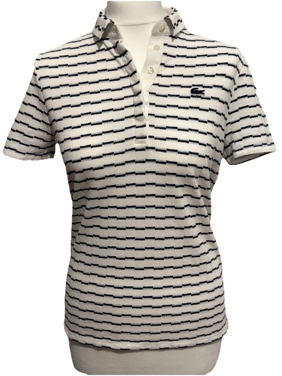 Lacoste Women's Polo Shirt White & Black Striped UK10/12 100% Cotton | 1-3