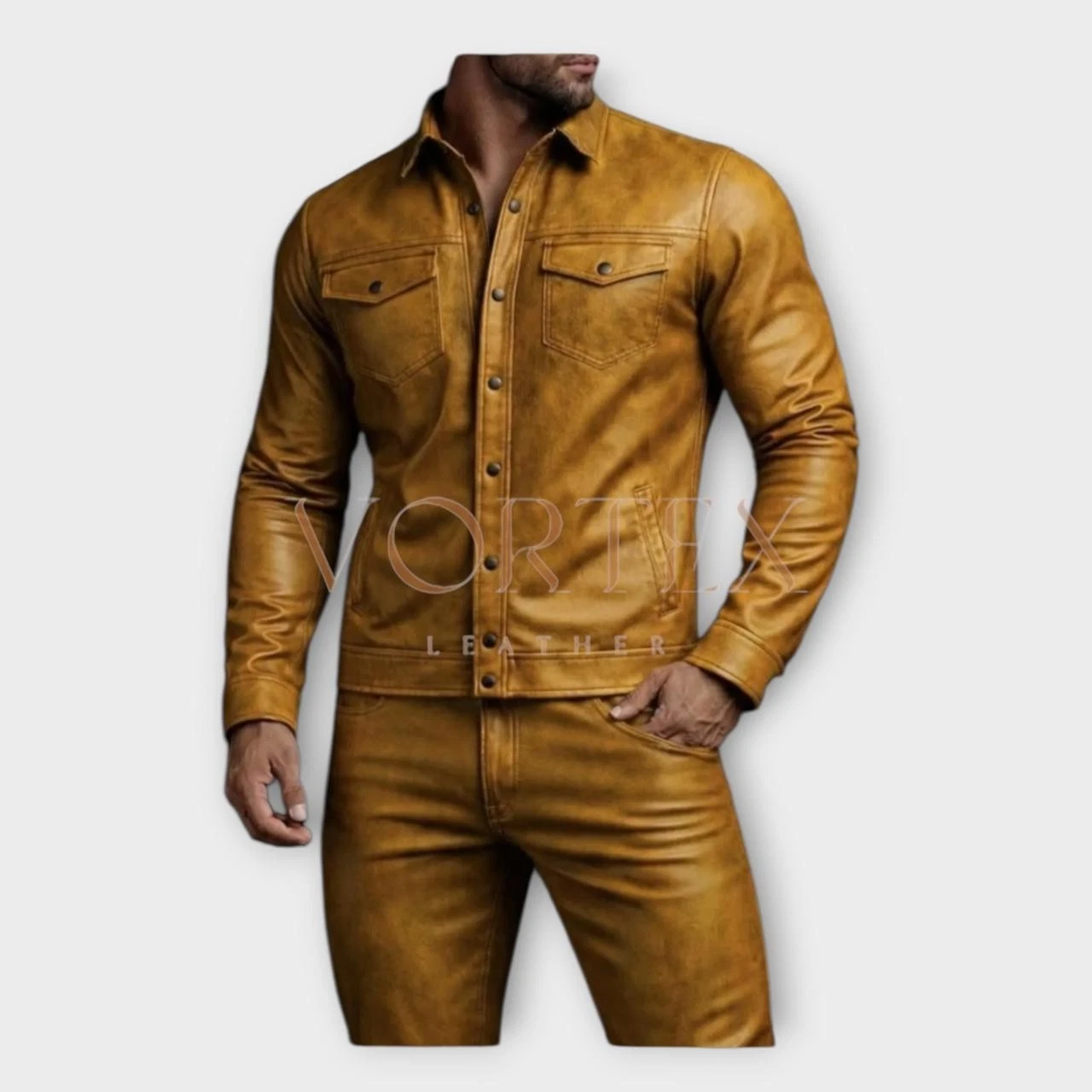 Handmade Men’s Genuine Sheepskin Wax Leather Suit – Premium Mustard Brown Set