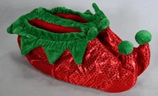 NEW Christmas Elf Slip Overs Shoes Green Red Velvet Curled Toe Pom Pom Costume
