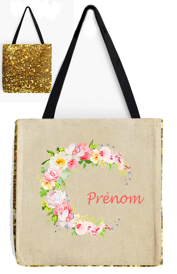 sac shopping tote bag sequins or verso chanvre personnalise prenom réf 02 - Photo 1/4