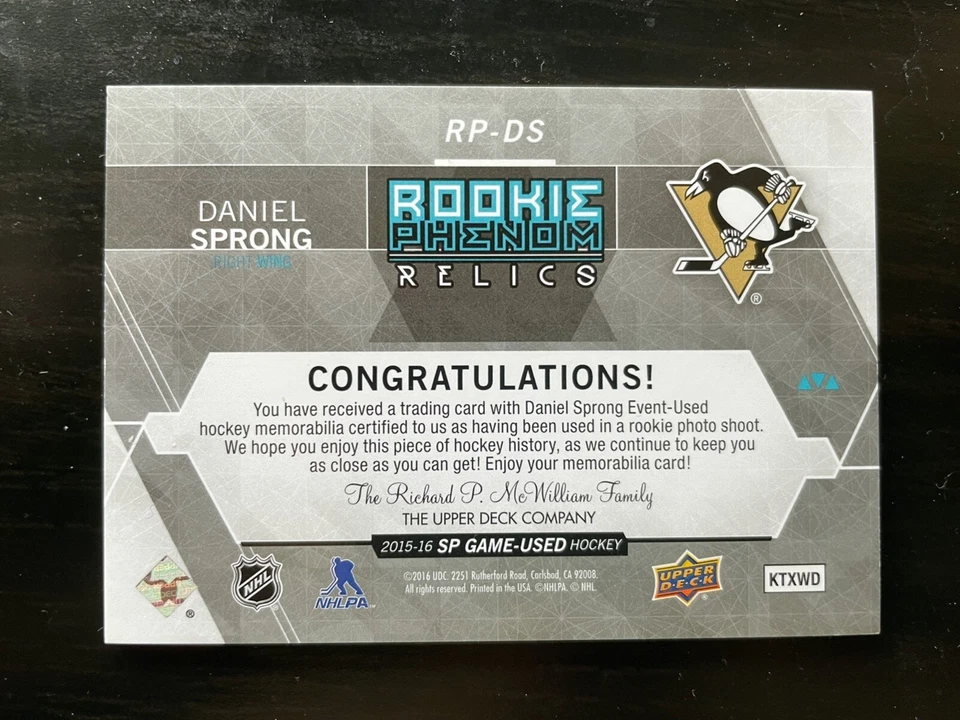 2015-16 SP Game Used Rookie Phenom Relics Penguins Daniel Sprong RP-DS RC /125 - Image 2 of 2