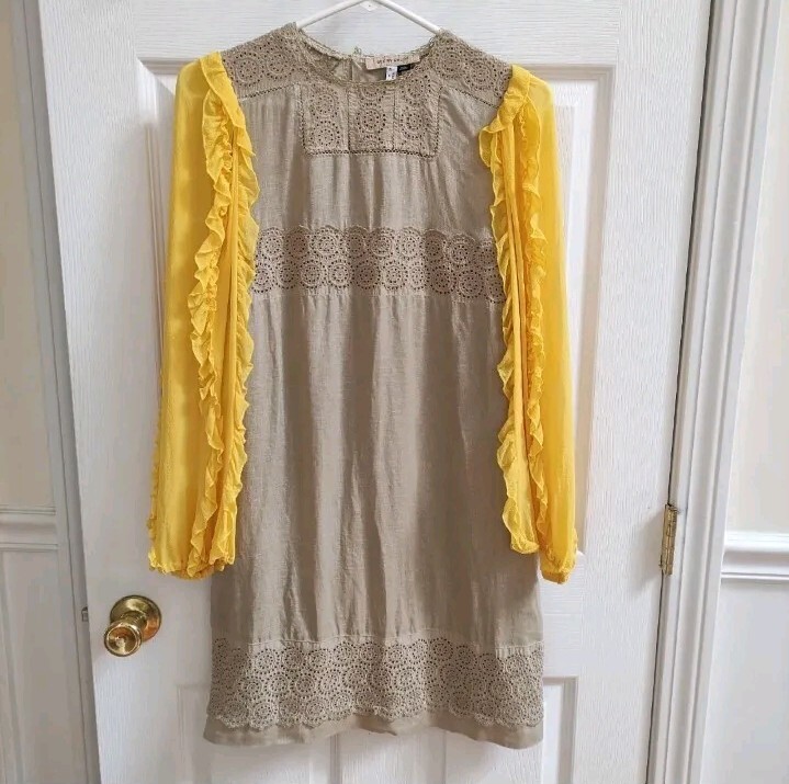 See By Chloe Eyelet Crochet Linen Dress Silk Bell Sleeves US 4 Ruffle Trim  | eBay