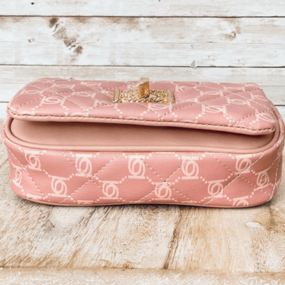 NWT BEBE Gorgeous Pink logo Liv Signature quilted gold chain  display picture 2