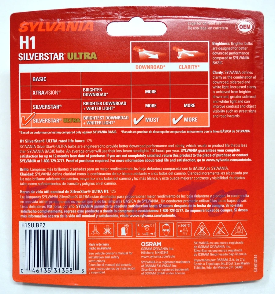 Sylvania SilverStar Ultra H1 55W Dos Bombillas Cabeza Luz Luz Haz Bajo Actualización Reemplazar Foto 3 de 4