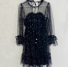 Starshop London Black Tulle Lace Celestial Star Moon Mini Gown Medium