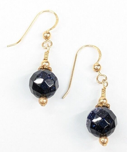 14k Yellow Gold Filled Faceted Blue Goldstone Drop 1.5" Long Pierced Earrings - Picture 3 of 7