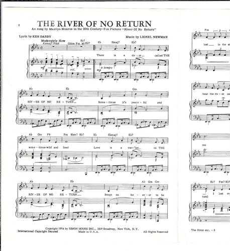 very nice MARILYN MONROE Sheet Music THE RIVER OF NO RETURN VG+ 1954 - Picture 2 of 4