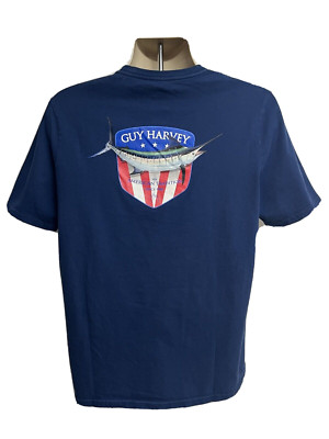 Guy Harvey Navy Blue Double Graphic T-Shirt Mens Large Fishing Swordfish Cotton