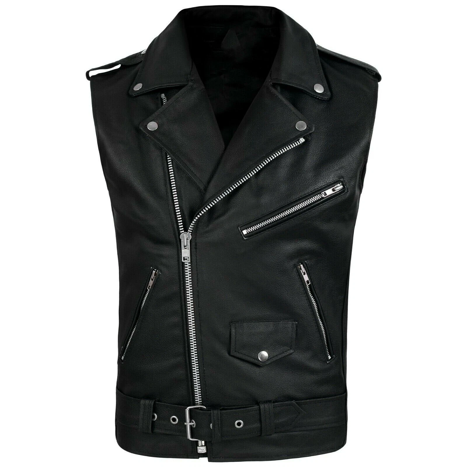 Men's Sleeveless Biker Style Classic Vest Belted Punk Genuine Leather Vest