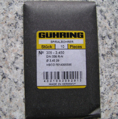ABVERKAUF! BOHRER 10 x SPIRALBOHRER GÜHRING N° 305 Ø 3,450 mm DIN 338 R-N HSCO