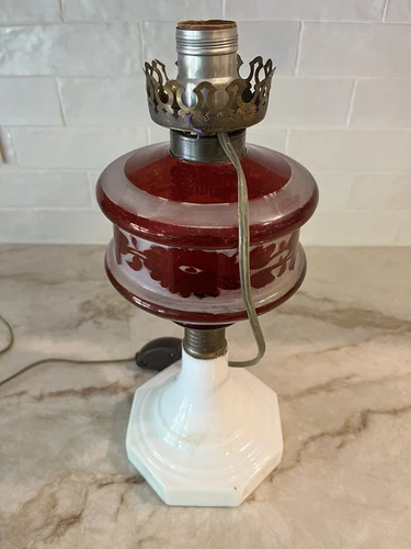 Antique Ruby Frosted Floral Lamp With Milk  Glass Base