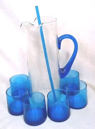 MCM 8 Piece Cocktail Beverage Bar Set Handblown Blue Clear 10.25" - Picture 2 of 14