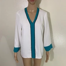 Ming Wang White Blue V Neck Long Sleeve Polyester Blouse Top EUC Size Small S