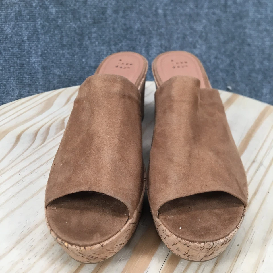 A New Day Sandals Womens 11 Slides Brown Cork Wedge Heels Casual Slip On Fabric - Image 4 of 4