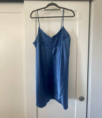 Private Luxuries Blue Satin Nylon Full Slip Lace Trim Spaghetti Straps XXL