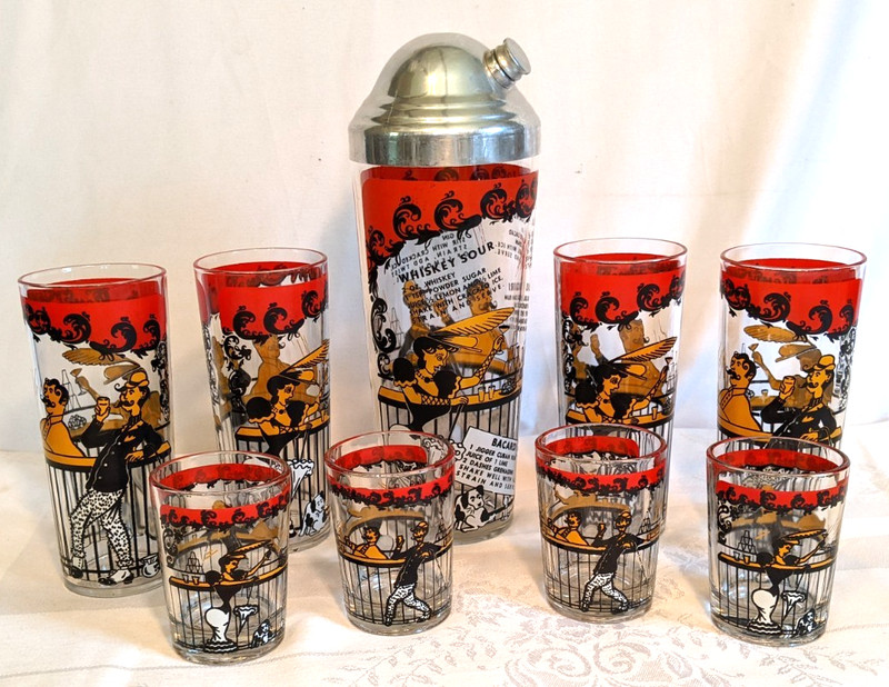 Gay 90's Hazel Atlas Barware Cocktail Shaker Collins & Shorties 2X Shot Glasses