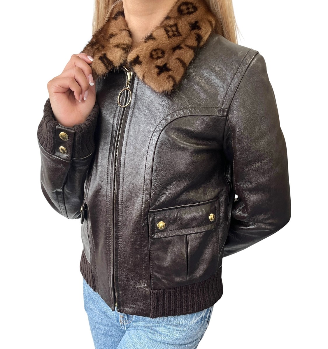 ヨチン　LOUIS VUITTON ファー襟ジャケット36 LOUIS VUITTON Vintage LV Monogram Logo Fur Leather Jacket #36 Zip