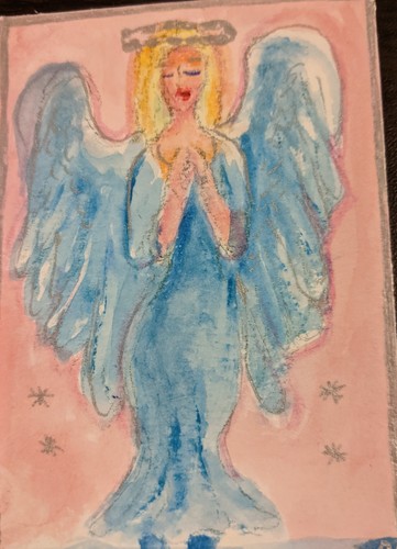 ACEO Original Watercolor Mini Painting sweet  Young Angel markers ink signed 