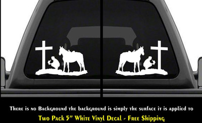 Cowboy holding his Hat & Praying at a Cross Two 5'' vinyl decal Car Truck Trailer