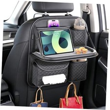 PU Leather Backseat Car Organizer with Foldable Tray Tablet Holder, Black