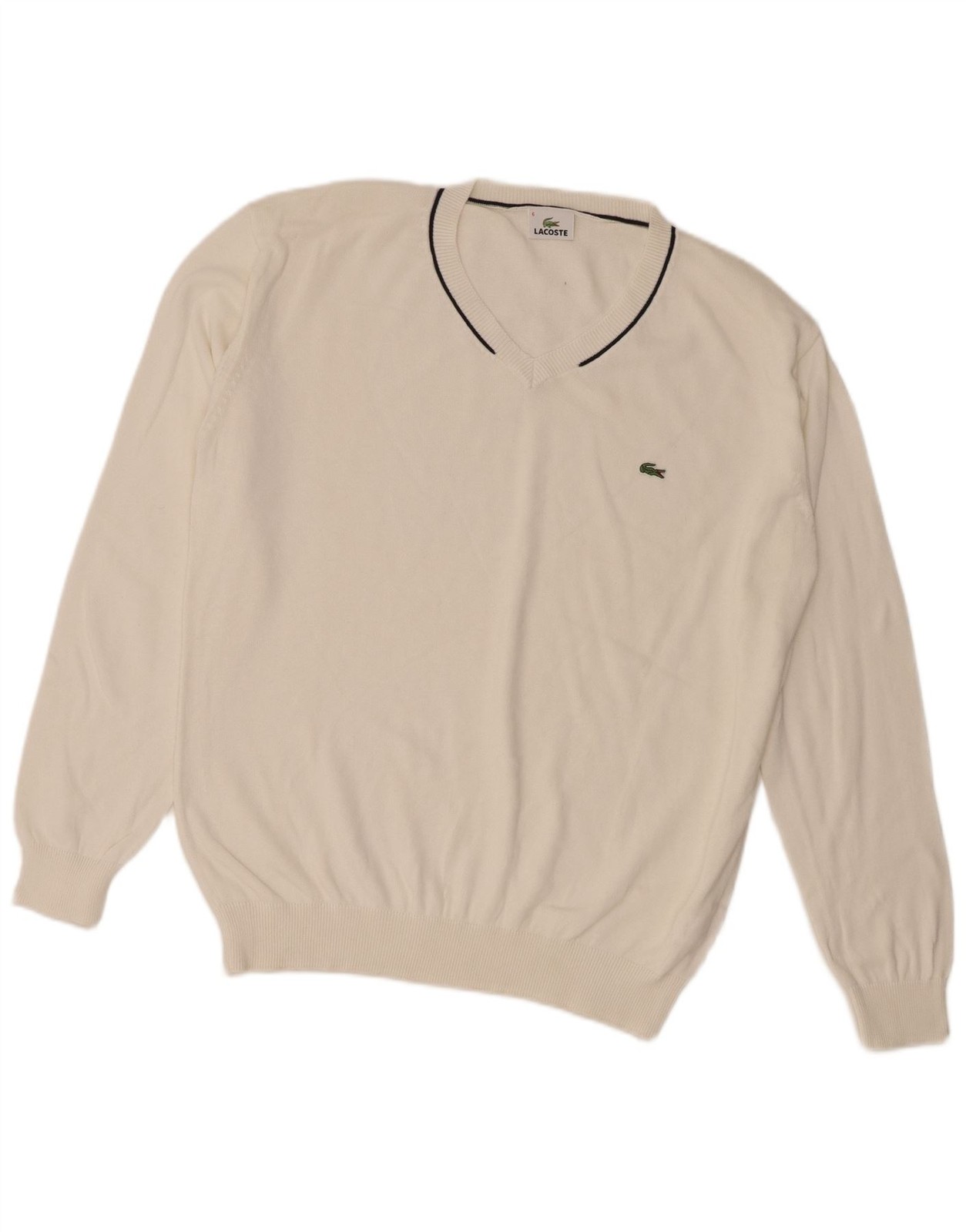 Lacoste Mens V-Neck Jumper Sweater Size 6 XL White Cotton BM09