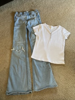 Kids Abercrombie High Rise Flare Jeans White Shirt 9/10 Long Adjustable Waist