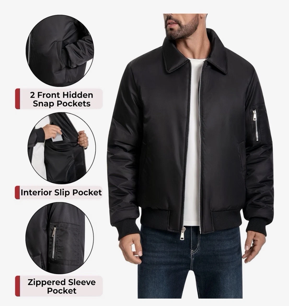 Alpine Swiss James Mens Small Bomber Flight Jacket Black Faux Fur Collar NWT image 1