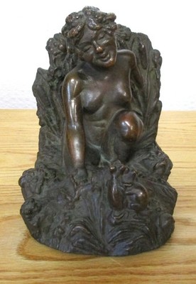 ANTIQUE KBW BRONZE CLAD GARDEN NUDE LADY & MICE ART STATUE SCULPTURE 1 BOOKEND