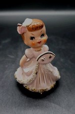1950s UCAGO Japan Pink Porcelain Redhead Girl w/ Fan Bell Spaghetti Trim