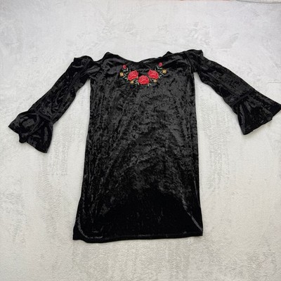 Disney Pixar Coco Dress Womens XL Black Crushed Velvet Rose Embroidered Goth Y2K