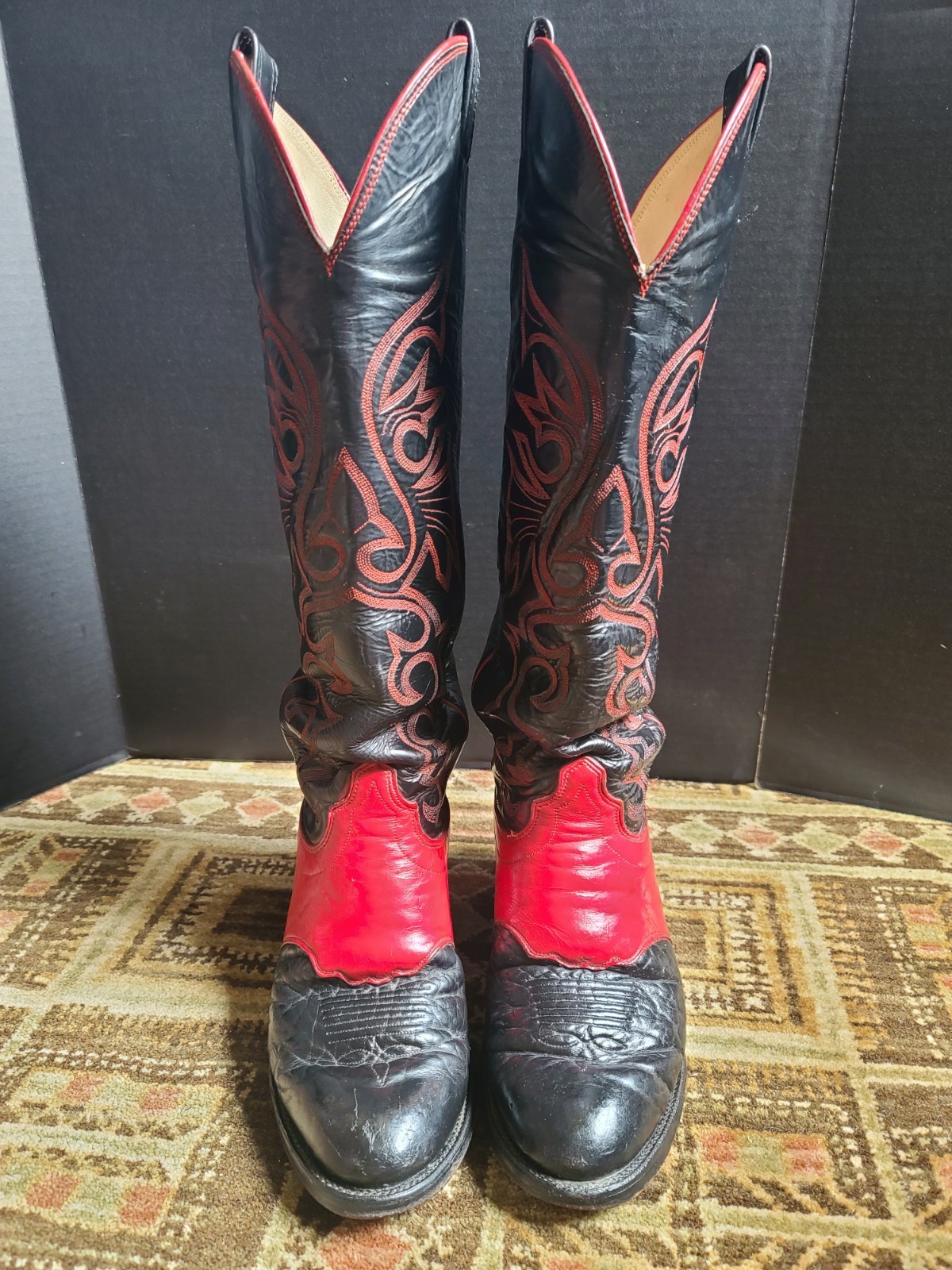 Vintage Olathe 17" Tall Western Cowboy Boots Red Black Embroidered Men's 9 D USA image 3