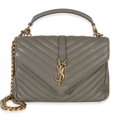 Saint Laurent Taupe Sheepskin Matelasse Chevron Monogram Medium College Bag