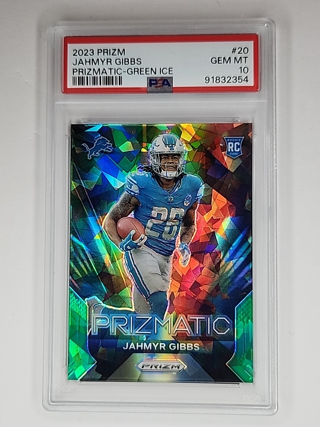 2023 PANINI PRIZM PRIZMATIC GREEN ICE #20 JAHMYR GIBBS ROOKIE RC PSA 10