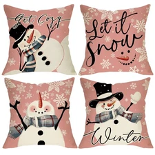 Pink Winter Snowman Decorative Throw Pillow Covers 18 x 18 Set of 4, Let It S...