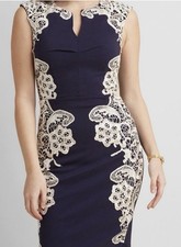 London Dress Co Amber Sheath Dress 6 Navy Ivory Floral Lace Short Sleeve Party