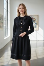 Elegant Chanel Camellia Gold Button Ribbon Dress in Black