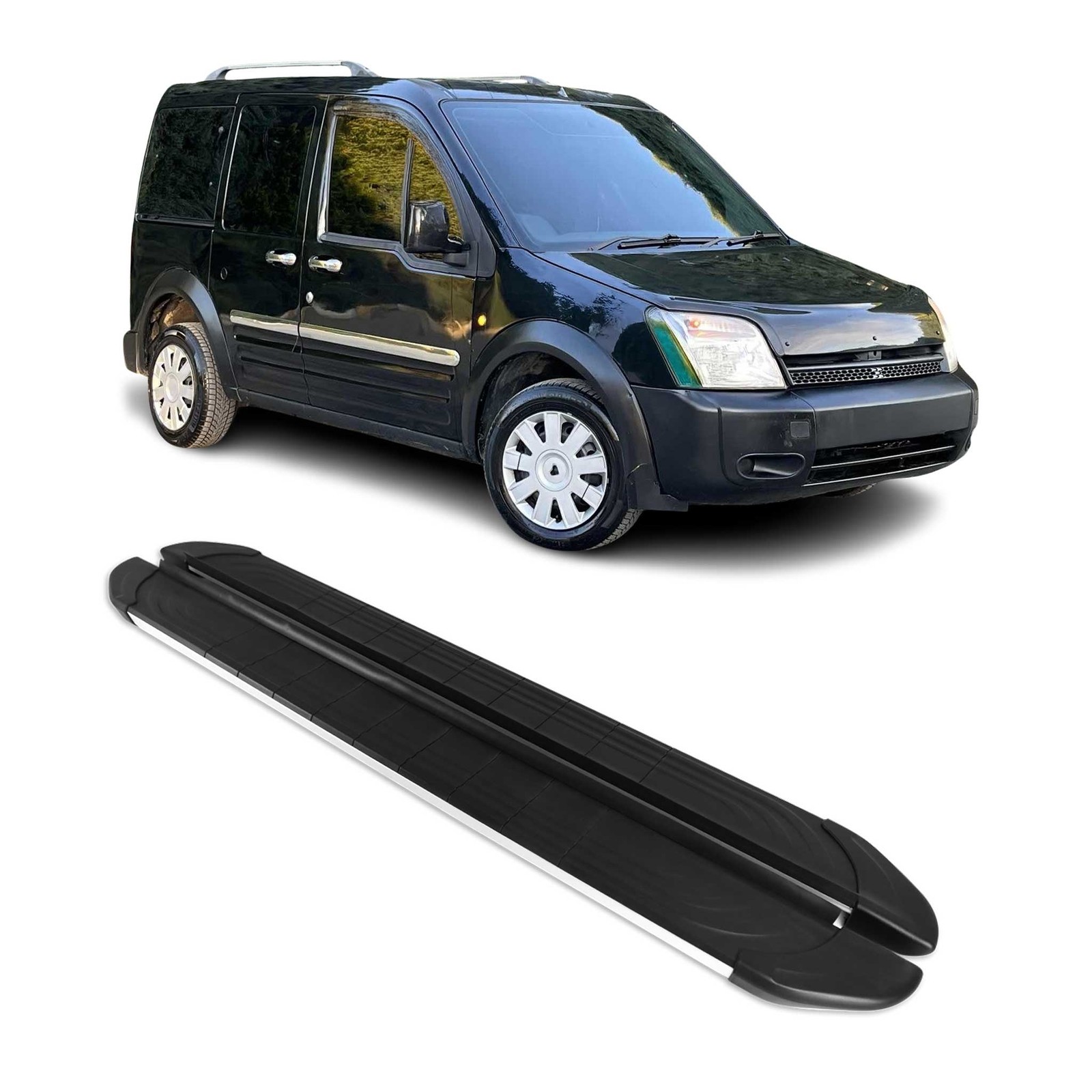 Marchepieds en alu gris et noir pour utilitaire Ford Connect L1 de 2002 à 2013