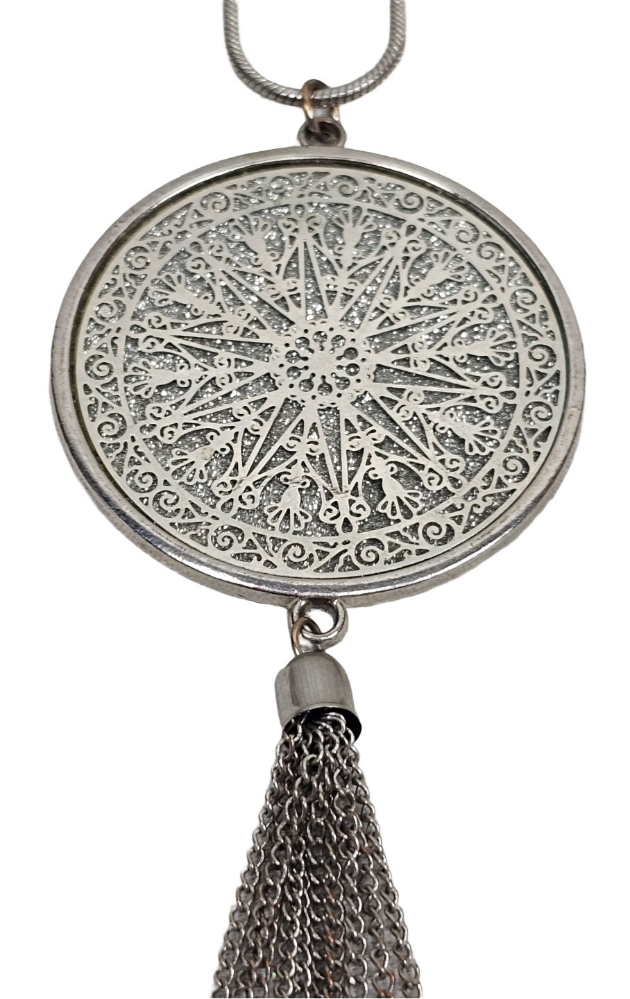 Silvertone Pendant Tassel Statement Necklace Cele… - image 7